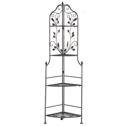 Gartenregal in Eckform aus Metall 4 Ablageflächen in Schwarz dekorative Verzierungen Gartenmöbel Gartenschrank Pflanzenregal Terrasse Balkon
