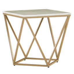 Beistelltisch Beige MDF Marmor Optik quadratisch 50x50 cm mit goldenem Metallgestell Modern Glamour Stil Sofatisch Wohnzimmer Salon Möbel