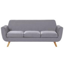 Sofa Grau 3-Sitzer aus Gummibaumholz/ mit Samtstoffbezug Beine aus hellem Holz mit Armlehnen Wohnzimmersofa Retro Modernes Design