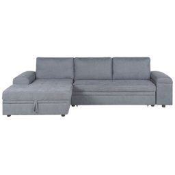 Ecksofa Grau Polsterbezug L-Förmig Rechtsseitig Schlaffunktion Bettkasten Armlehne mit Stauraum Modern Wohnzimmer