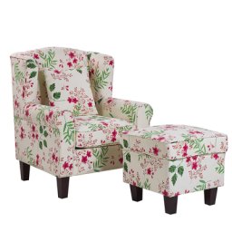 Sessel Beige / Grün / Rosa Polsterbezug mit Hocker Blumenmuster Wohnzimmerausstattung Salon Schlafzimmer Essbereich Modern
