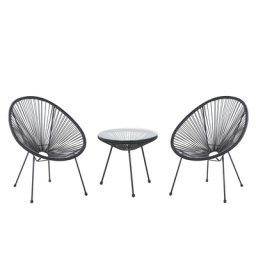 Balkonset Schwarz Polyrattan Beistelltisch mit 2 Stühlen Spaghetti-Optik Modern Mexikanischer Stil Outdoor Balkon Terrasse Garten Möbel