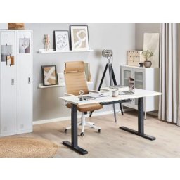 Schreibtisch linksseitig Weiß Spanplatte 160x110 cm mit Metallgestell Schwarz elektrisch höhenverstellbar L-Form Büro Arbeitszimmer Möbel