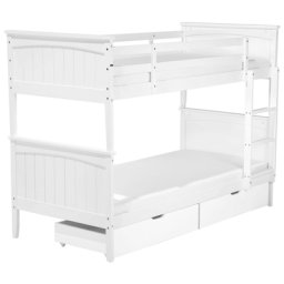 Hochbett Weiß 90 x 200 cm Kiefernholz Natürliches Material Etagenbett Mit Leiter, Bettkasten und Lattenrost, Traditionell Modern