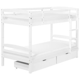 Hochbett Weiß 90 x 200 cm Kiefernholz Natürliches Material Etagenbett mit Leiter, Bettkasten und Lattenrost Modern Klassisch