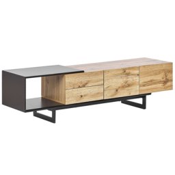 TV-Möbel Schwarz / Heller Holzfarbton 44 x 160 x 39 cm Modern 2 Türe mit 2 Schubladen MDF-Platte Offenes Fach Praktisch Wohnzimmer