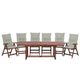 Gartenmöbel Set Dunkelbraun Akazienholz 6-Sitzer Auflagen Grau-Beige ausziehbarer rechteckiger Tisch Rustikal Landhaus Stil Outdoor
