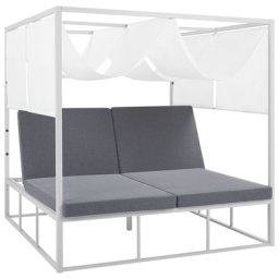 Sonnenbett Weiß / Grau mit Sonnendach Aluminium / Polyesterauflagen verstellbare Sitzplätze Doppelliege/ Sonnenliege/ Gartenliege/ Sonneninsel