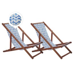 Liegestühle 2er Set aus dunklem Akazienholz mit weiß-blauem Bezug zusammenklappbar Zick Zack Muster Gartenausstattung Gartenzubehör Modern
