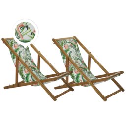 Liegestühle 2er Set aus hellem Akazienholz mit buntem Bezug zusammenklappbar Flamingomuster Gartenausstattung Outdoor Gartenzubehör Modern