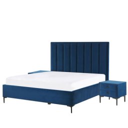 Bett mit 2 Nachttischen Blau Samtstoff Lattenrost 140x200 cm dekoratives Kopfteil mit vertikaler Versteppung Modern
