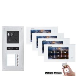 Video Türsprechanlage mit Smartphone App für 4 Familienhaus mit Bewegungsmelder, 4x Monitore, Balter ERA WLAN (RFID Schlüssel: 4 / Türstation Farbe : Silber)
