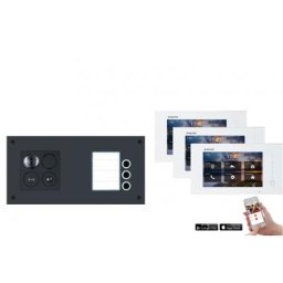 Video Türsprechanlage in waagerechter Form mit Smartphone App für 3 Familienhaus mit Bewegungsmelder, 3x Monitore, Balter ERA WLAN (Türstation Farbe : Schwarz / RFID Schlüssel: 6)