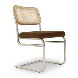Design Stuhl UBERTO - Design Stuhl, Samt in Karamell, Rattan & verchromtes Metall