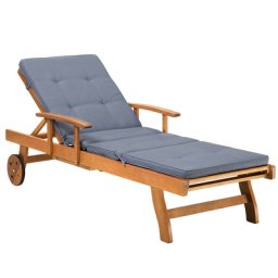 Gartenliege Hellbraun Akazienholz mit Auflage Blau rollbar verstellbar ausziehbarer Tisch Rustikal Landhaus Stil Outdoor