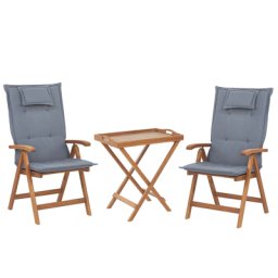 Balkonset Hellbraun Akazienholz 2-Sitzer klappbar verstellbar Auflagen Blau rechteckiger Tisch Rustikal Landhaus Stil Outdoor