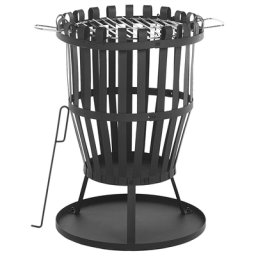 Feuerstelle Schwarz Stahl runde Feuerschale in rustikaler Optik mit Grillrost Schürhaken Outdoor Garten Ausstattung
