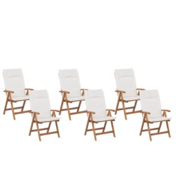 Gartenstuhl 6er Set Hellbraun Akazienholz klappbar verstellbar Auflagen Cremeweiß Stoffbezug Rustikal Landhaus Stil Outdoor