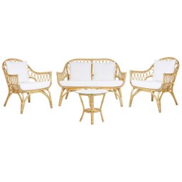 Lounge Set Natürlich 4er Sitzer Rattan Sicherheitsglas Auflagen Weiß für Terrase für Garten