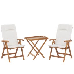 Balkonset Hellbraun Akazienholz 2-Sitzer klappbar verstellbar Auflagen Cremeweiß rechteckiger Tisch Rustikal Landhaus Stil Outdoor