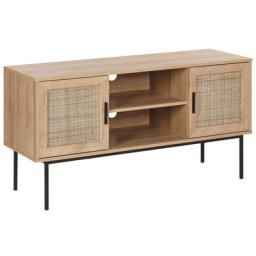 TV Möbel Heller Holzfarbton 2 Rattan Türen 2 offene Fächer Schwarze Metallbeine 63 x 120 x 39 cm Schrank Boho Multifunktional Wohnzimmer