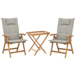 Balkonset Braun Akazienholz verstellbar mit Auflagen Grau/Beige Teetisch mit 2 Stühlen Rustikal Landhaus Stil Terrasse Garten Möbel