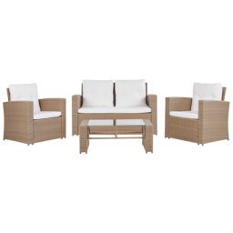 Lounge 4er Set Hellbraun Rattan Stahlgestell mit Sitzkissen cremeweiße Bezüge Zubehör für Garten / Terrasse Dekorativ Elegant Modernes Design