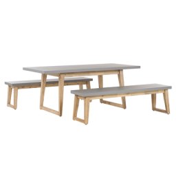 Gartenmöbel Set Tisch 2 Bänken Grau / Heller holzfarbton Faserzement / Akazienholz Indoor & Outdoor Garten Schlafzimmer Wohnzimmer