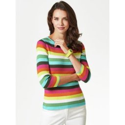 Walbusch Damen Pima Cotton Sommerpullover gestreift Aqua/Fuchsia