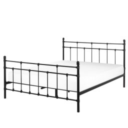 Bett Schwarz Metall mit Lattenrost 140 x 200 cm hohem Kopfteil dekorative Sprossen Klassisch für Mädchen Jugendzimmer Schlafzimmer