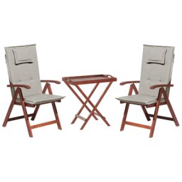 Balkonset Dunkelbraun Akazienholz verstellbar mit Auflagen Grau-Beige Tisch mit 2 Stühlen Rustikal Landhaus Stil Terrasse Garten Möbel
