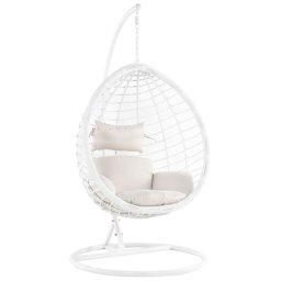 Hängesessel Weiß Polyrattan Gestell inkl. Kissen Hängestuhl Korb Schwebesessel Terrasse Balkon Wohnzimmer modern