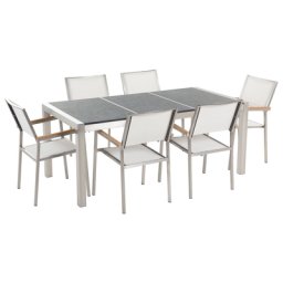 Gartenmöbel Set Schwarz Weiß Granit Edelstahl Tisch 180 cm Geflammt 6 Stühle Terrasse Outdoor Modern