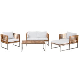 Gartenmöbel Set Hellbraun Weiß Akazienholz Edelstahl 4-Sitzer Terrasse Outdoor Mediterran Stil