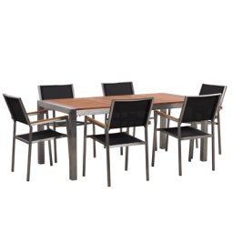 Gartenmöbel Set Eukalyptusholz Edelstahl Tisch 180 cm 6 Stühle Schwarz Terrasse Outdoor Modern Garten Terrasse