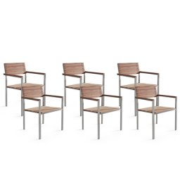 Gartenstuhl 6er Set Hellbraun / Silber Teakholz Edelstahl Klassisch Terrasse Outdoor