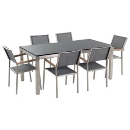 Gartenmöbel Set Schwarz Granit Edelstahl Tisch 180 cm Poliert 6 Stühle Terrasse Outdoor Modern