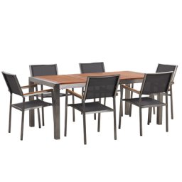 Gartenmöbel Set Eukalyptusholz Edelstahl Tisch 180 cm 6 Stühle Grau Terrasse Outdoor Modern Garten Terrasse
