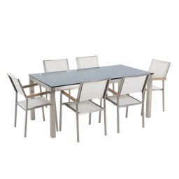 Gartenmöbel Set Schwarz Weiß Sicherheitsglas Edelstahl Tisch 180 cm 6 Stühle Terrasse Outdoor Modern
