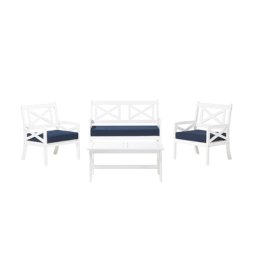 Gartenmöbel Set Weiß Blau Akazienholz inkl. Sitzkissen 4-Sitzer Terrasse Outdoor Mediterran Stil