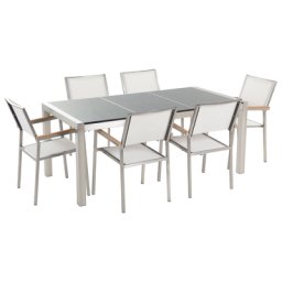 Gartenmöbel Set Grau Weiß Granit Edelstahl Tisch 180 cm Poliert 6 Stühle Terrasse Outdoor Modern