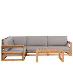 Lounge Set Hellbraun zertifiziertes Akazienholz Auflagen Taupe Stoff 4-Sitzer Ecksofa mit Couchtisch Terrasse Outdoor Retro Landhaus Stil
