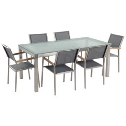 Gartenmöbel Set Grau Sicherheitsglas Edelstahl Tisch 180 cm 6 Stühle Terrasse Outdoor Modern