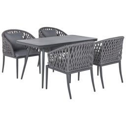 Gartenmöbel Set Grau Aluminium Tisch 140x80 rechteckig in Steinoptik 4 Stühle mit Armlehnen Auflagen Flechtseil Terrasse Outdoor Möbel