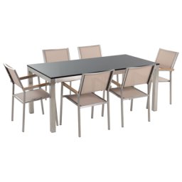Gartenmöbel Set Schwarz Beige Granit Edelstahl Tisch 180 cm Poliert 6 Stühle Terrasse Outdoor Modern