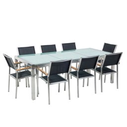 Gartenmöbel Set Schwarz Sicherheitsglas Edelstahl Tisch 220 cm 8 Stühle Terrasse Outdoor Modern