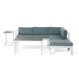 Lounge Set Weiß Aluminium und Kunstholz mit Auflagen Grün Stoff Skandi Modern 5-Sitzer Ecksofa und 2 Couchtische Terrasse Garten Möbel