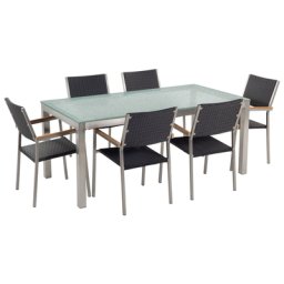 Gartenmöbel Set Schwarz Sicherheitsglas Edelstahl Tisch 180 cm 6 Rattanstühle Terrasse Outdoor Modern