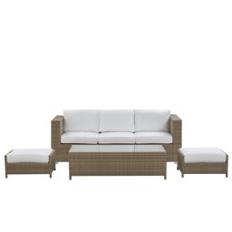 Lounge Set Weiß Braun PE Rattan Kaffeetisch 2 Ottomane Auflagen Modern Outdoor