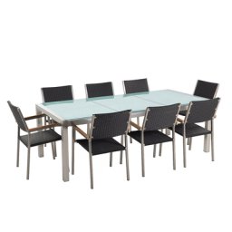 Gartenmöbel Set Schwarz Sicherheitsglas Edelstahl Tisch 220 cm 8 Rattanstühle Terrasse Outdoor Modern